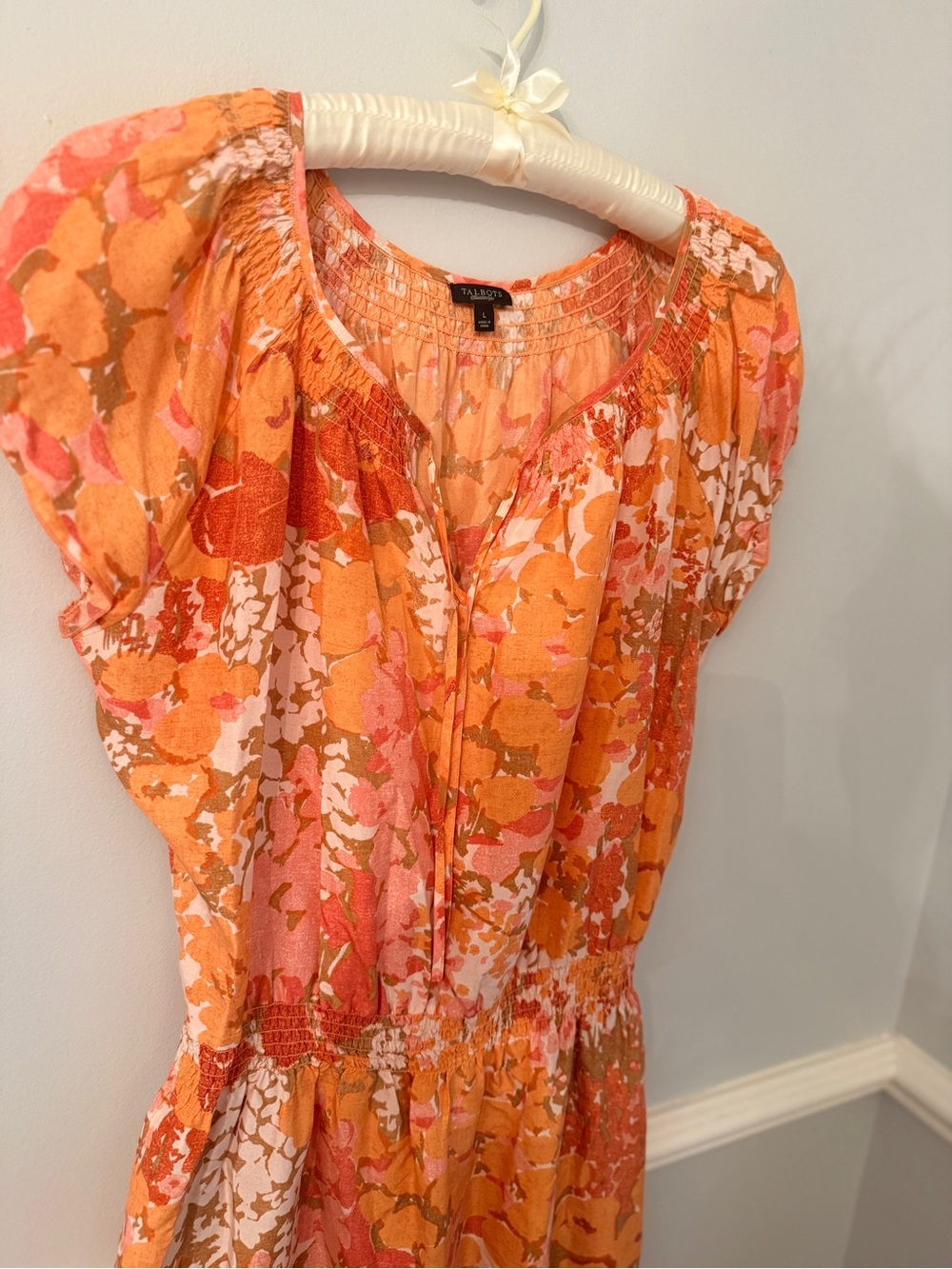 Talbots Silk Floral Dress Orange Pink Smocked Waist Cap Sleeve L - Picture 4 of 10